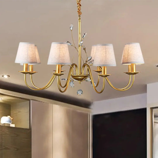 Contemporary Flared Pendant Chandelier - Fabric Shaded 6/8 Lights Brass Ceiling Fixture With Crystal