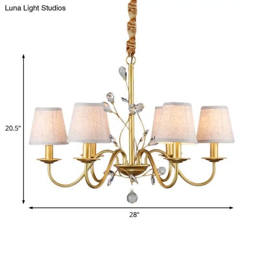 Contemporary Flared Pendant Chandelier - Fabric Shaded 6/8 Lights Brass Ceiling Fixture With Crystal