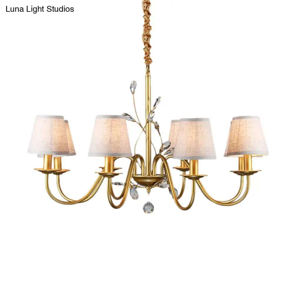 Contemporary Flared Pendant Chandelier - Fabric Shaded 6/8 Lights Brass Ceiling Fixture With Crystal