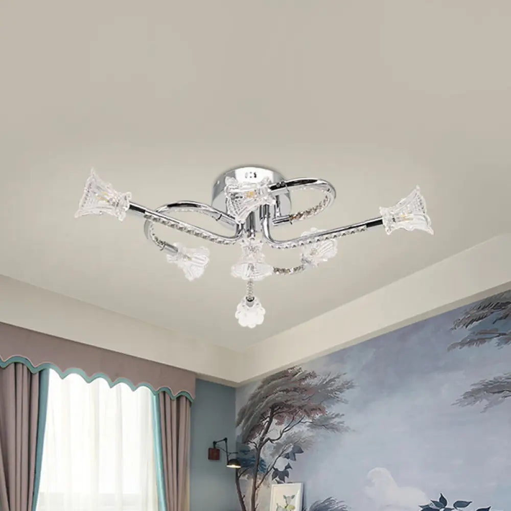 Contemporary Floral Crystal Ceiling Light In Warm/White Led With Stainless-Steel Mount / Warm