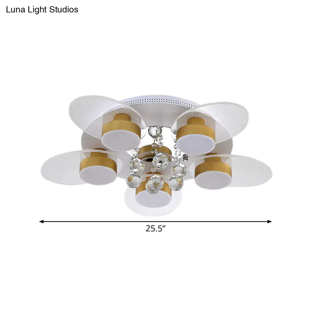 Contemporary Floral Crystal Flush Light With 5 Led Bulbs - White Ceiling Lighting Clear Glass Panel
