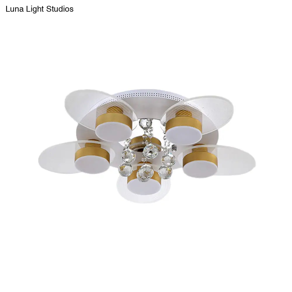 Contemporary Floral Crystal Flush Light With 5 Led Bulbs - White Ceiling Lighting Clear Glass Panel