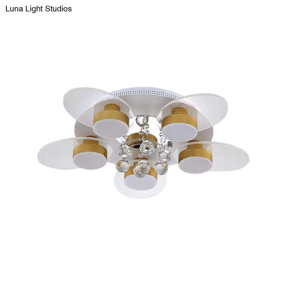 Contemporary Floral Crystal Flush Light With 5 Led Bulbs - White Ceiling Lighting Clear Glass Panel