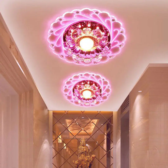 Contemporary Floral Crystal Led Flush Mount Ceiling Light - Clear Fixture For Foyer / 3W Pink