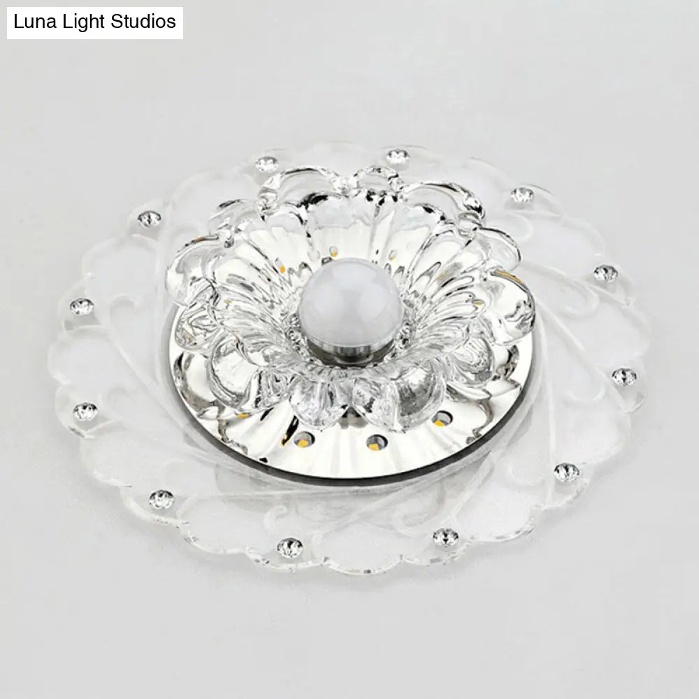 Contemporary Floral Crystal Led Flush Mount Ceiling Light - Clear Fixture For Foyer