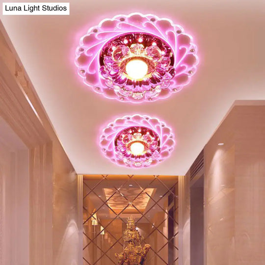 Contemporary Floral Crystal Led Flush Mount Ceiling Light - Clear Fixture For Foyer / 3W Pink