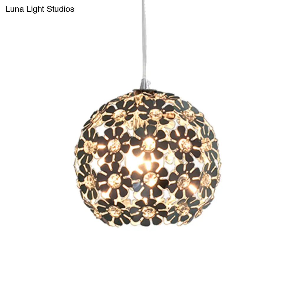 Contemporary Floral Globe Hanging Light With Crystal Accents - Aluminum & Chrome Suspension Lamp