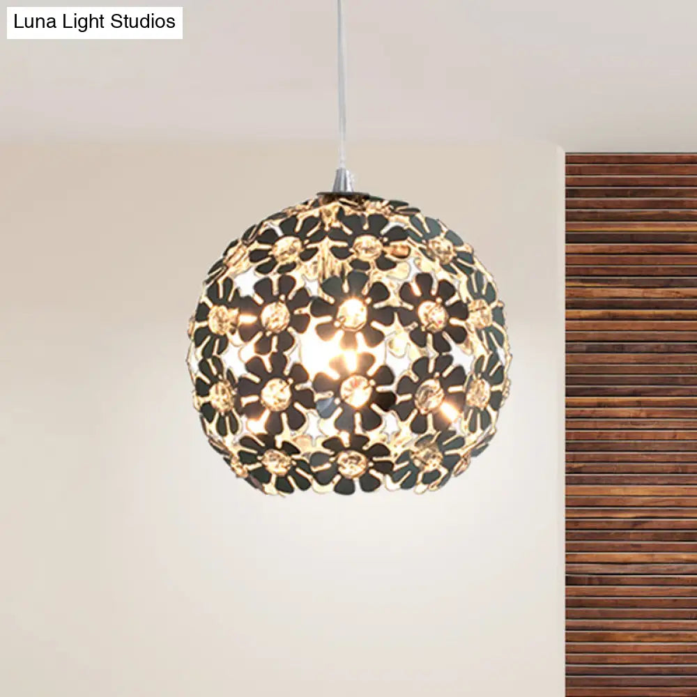 Contemporary Floral Globe Hanging Light With Crystal Accents - Aluminum & Chrome Suspension Lamp