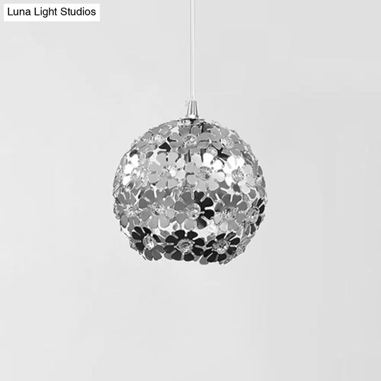 Contemporary Floral Globe Hanging Light With Crystal Accents - Aluminum & Chrome Suspension Lamp