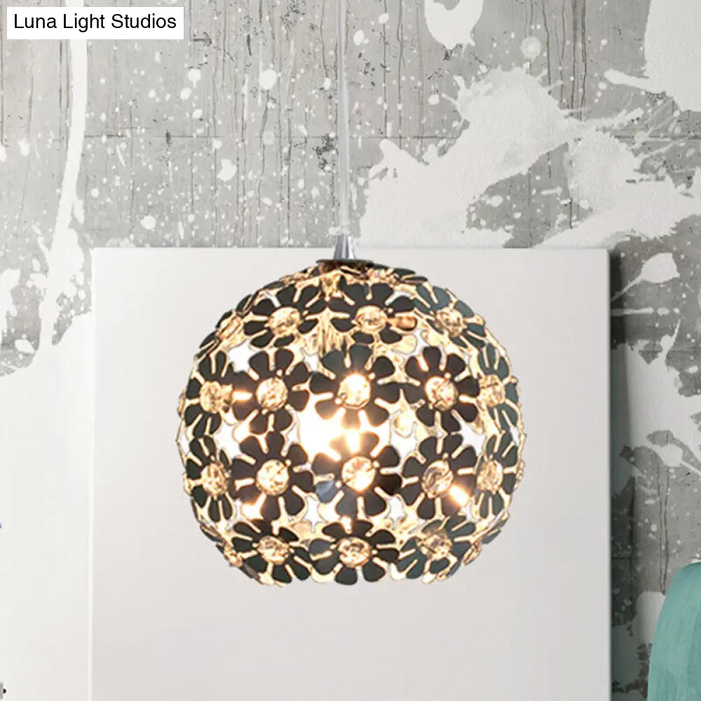 Contemporary Floral Globe Hanging Light With Crystal Accents - Aluminum & Chrome Suspension Lamp