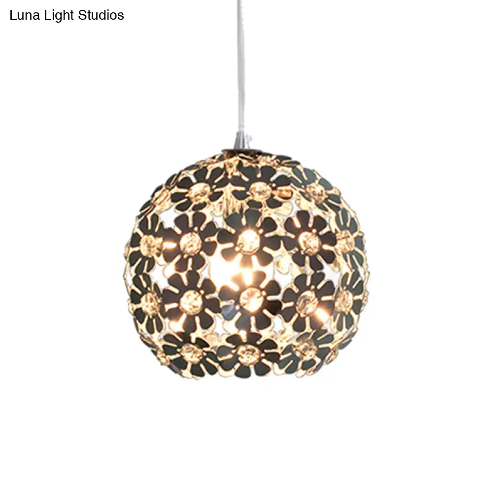 Contemporary Floral Globe Hanging Light - Aluminum Shade Chrome Suspension Crystal Accent