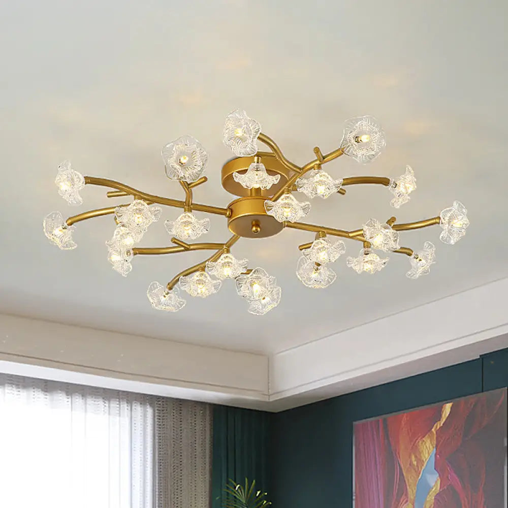 Contemporary Floral Semi Flushmount Ceiling Lamp In Brass - 24 - Light Metallic Flush For Bedroom