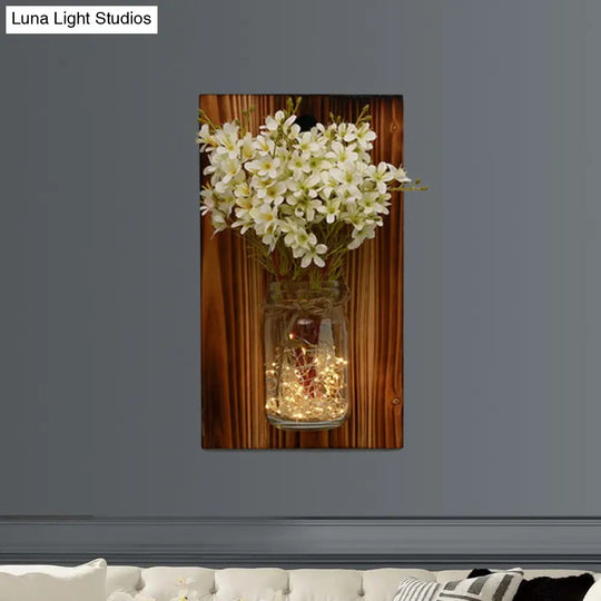 Contemporary Floral Wall Lamp With Beige/Orange/White String Light & Wood Backplate