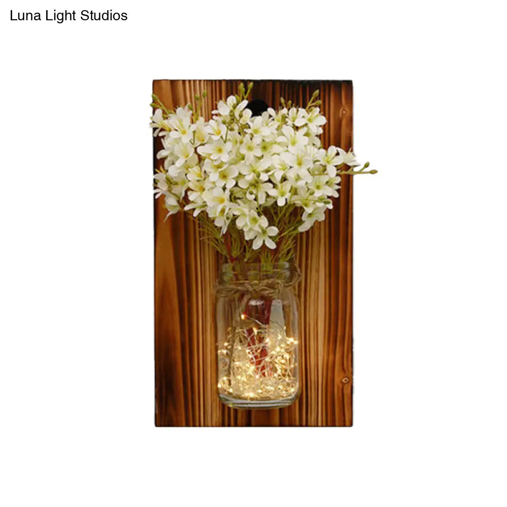 Contemporary Floral Wall Lamp With Beige/Orange/White String Light & Wood Backplate