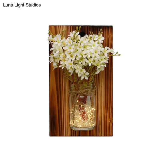 Contemporary Floral Wall Lamp With Beige/Orange/White String Light & Wood Backplate