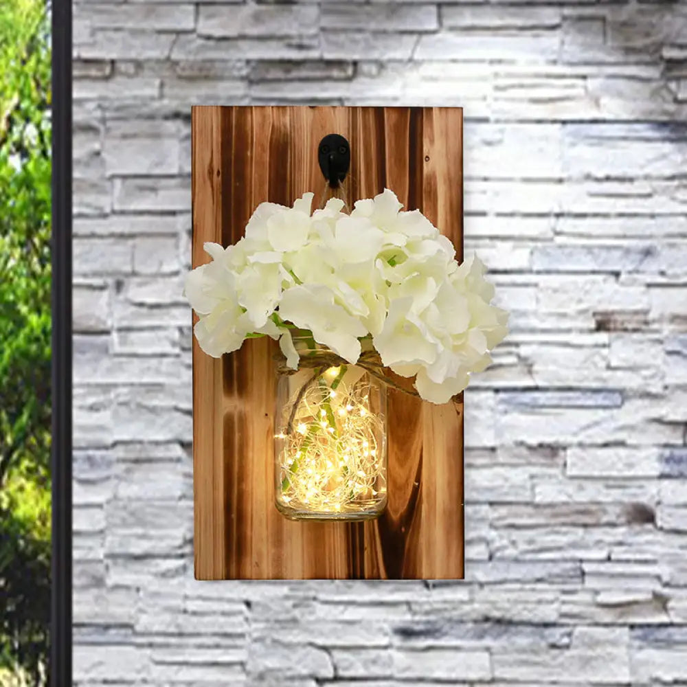 Contemporary Floral Wall Lamp With Beige/Orange/White String Light & Wood Backplate White