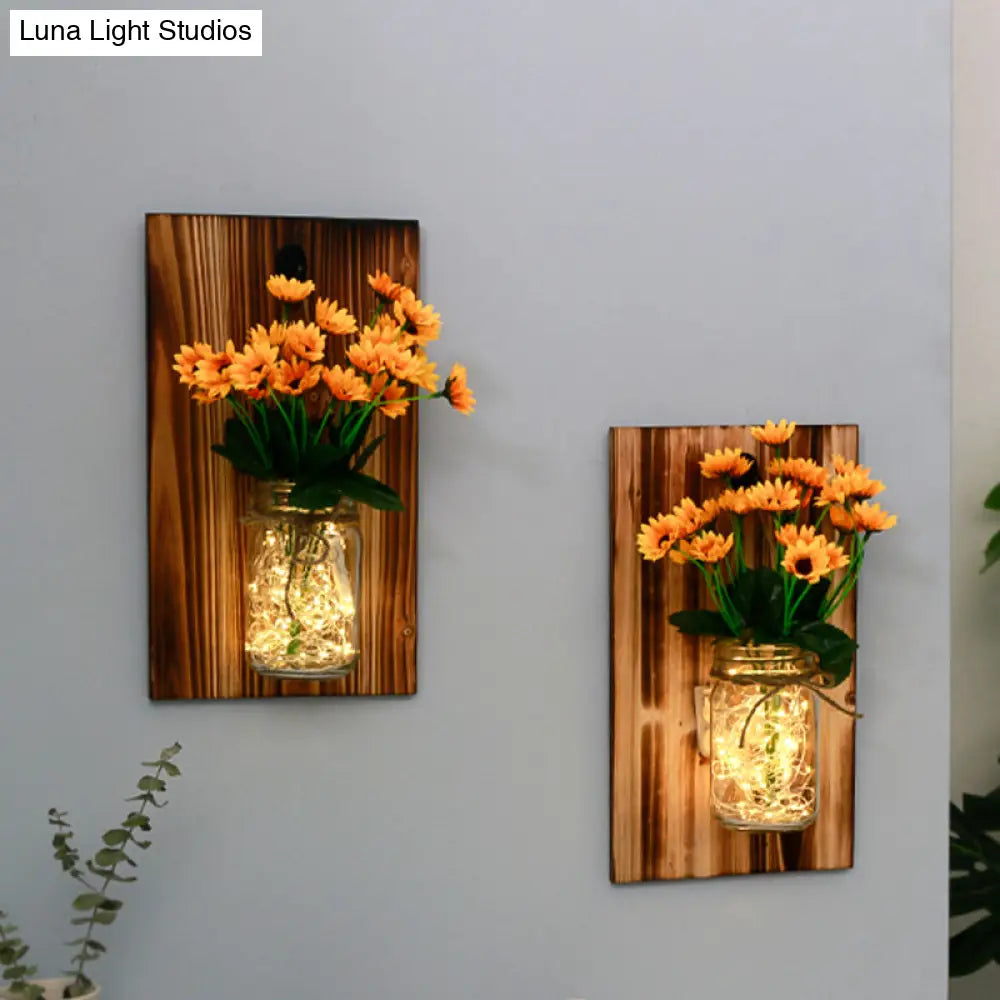 Contemporary Floral Wall Lamp With Beige/Orange/White String Light & Wood Backplate