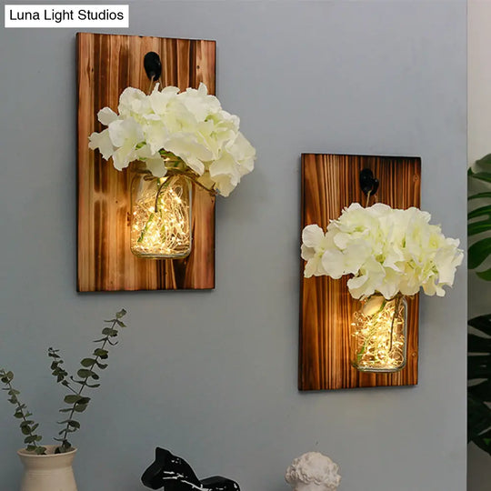 Contemporary Floral Wall Lamp With Beige/Orange/White String Light & Wood Backplate