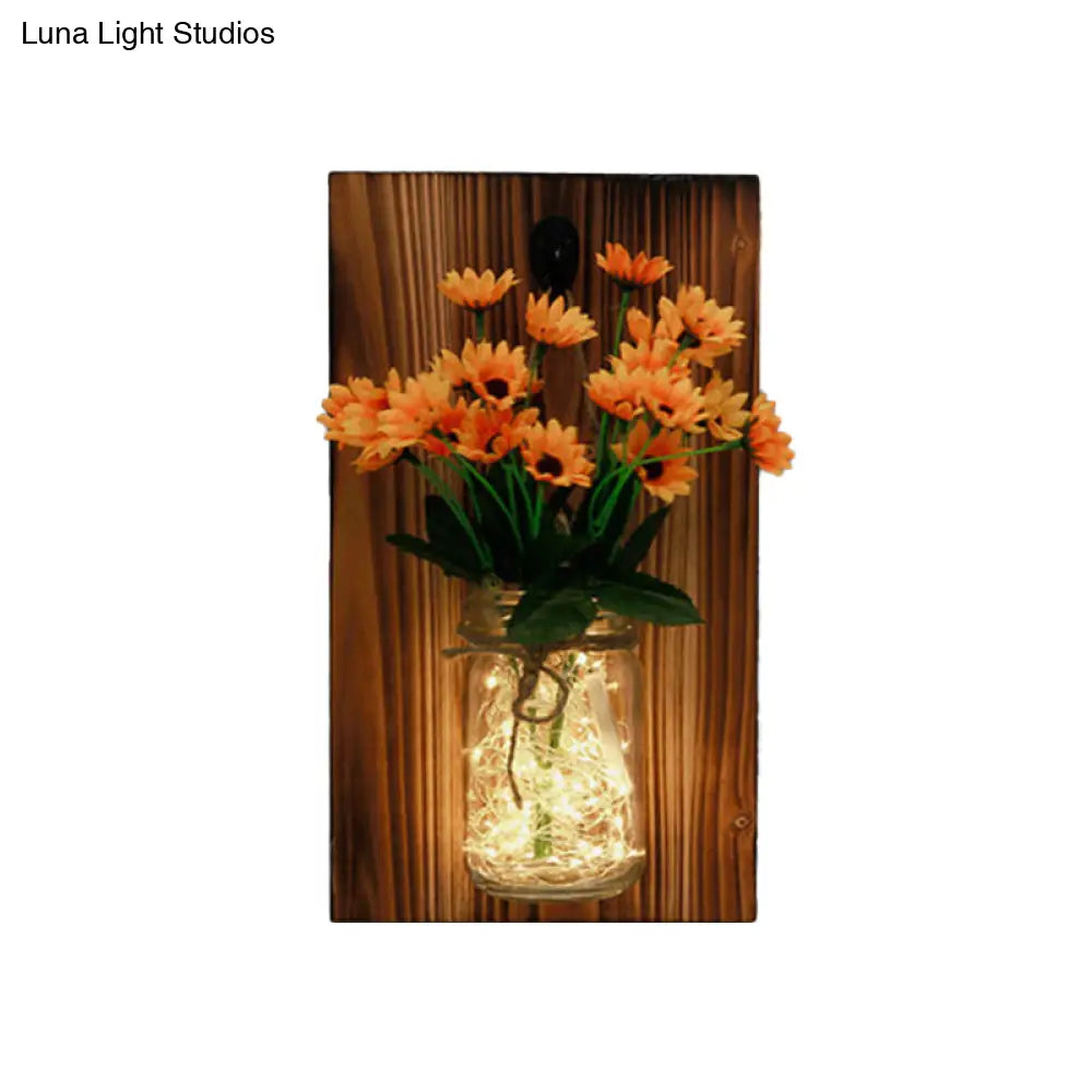 Contemporary Floral Wall Lamp With Beige/Orange/White String Light & Wood Backplate