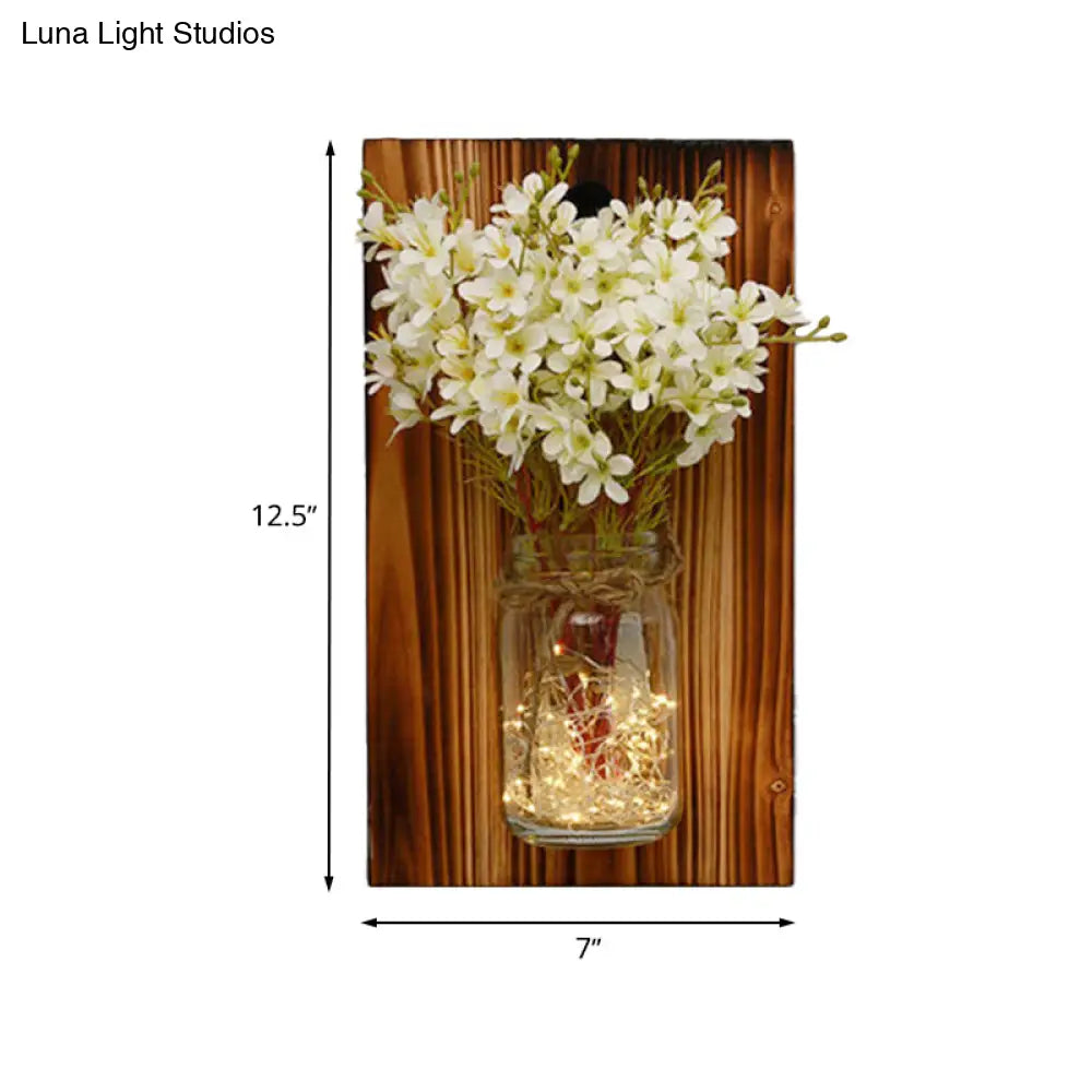 Contemporary Floral Wall Lamp With Beige/Orange/White String Light & Wood Backplate