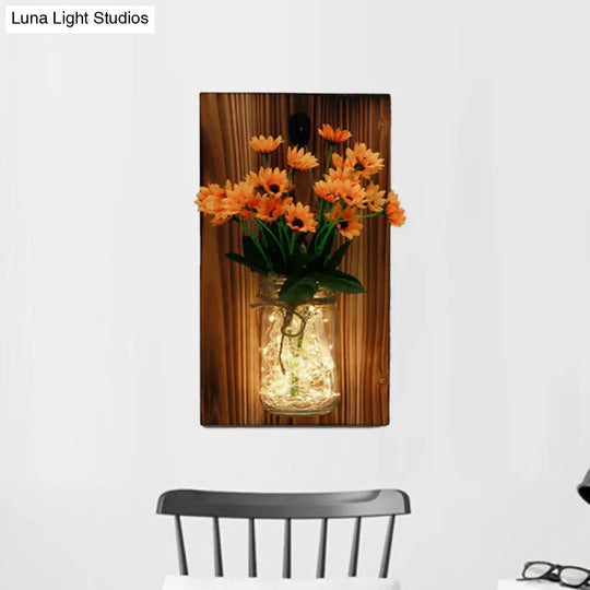 Contemporary Floral Wall Lamp With Beige/Orange/White String Light & Wood Backplate