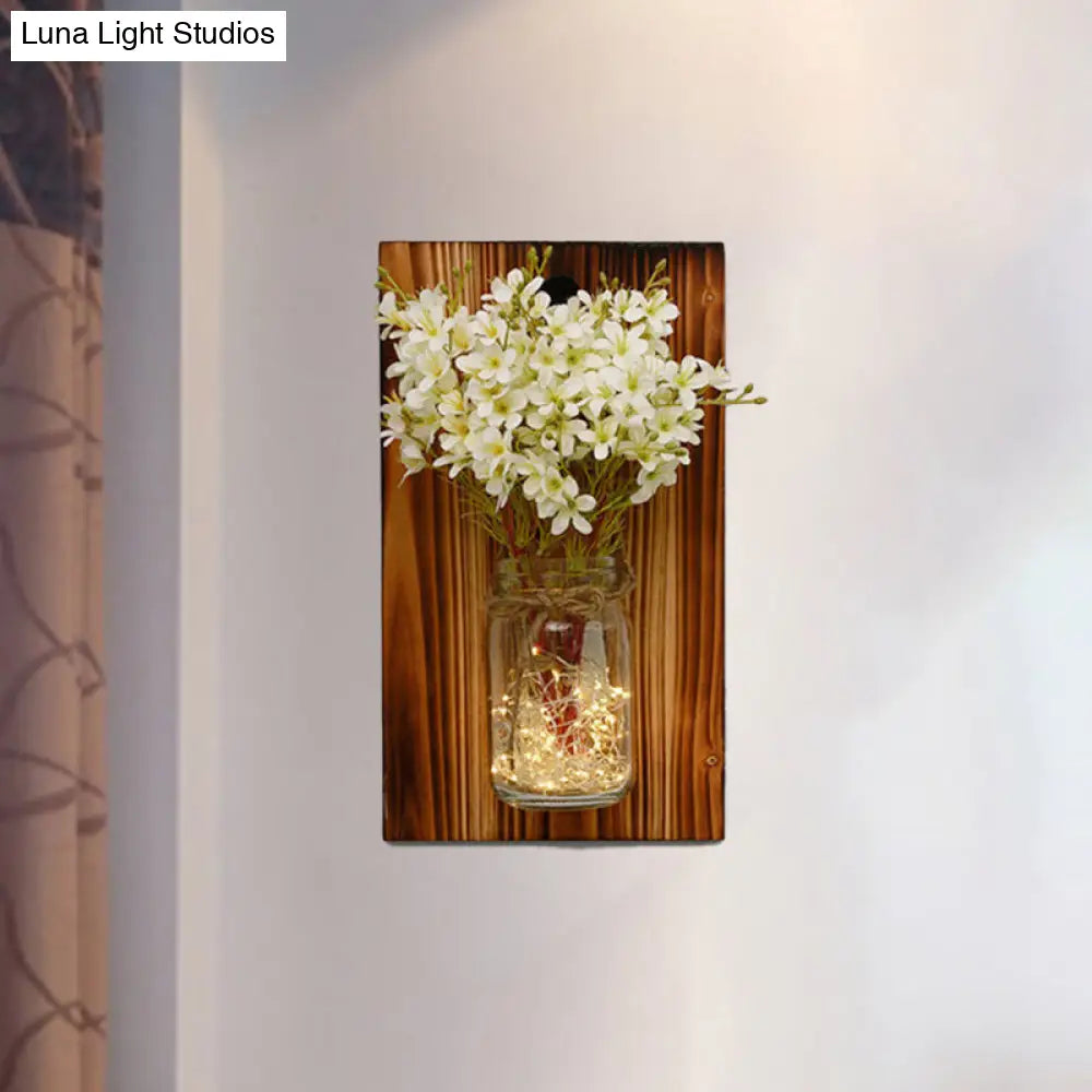 Contemporary Floral Wall Lamp With Beige/Orange/White String Light & Wood Backplate