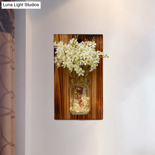 Contemporary Floral Wall Lamp With Beige/Orange/White String Light & Wood Backplate