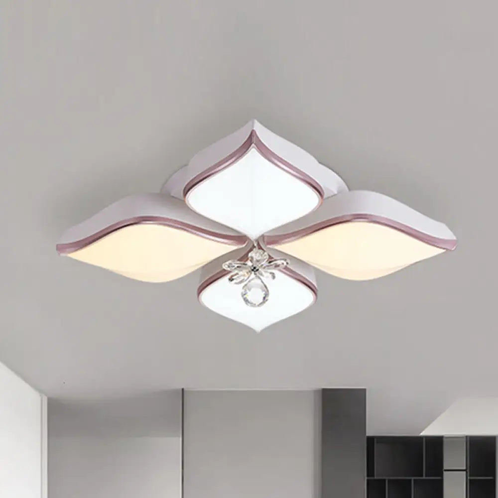 Contemporary Flower Ceiling Mounted Fixture: Acrylic Flush Light In White With Crystal Drop For