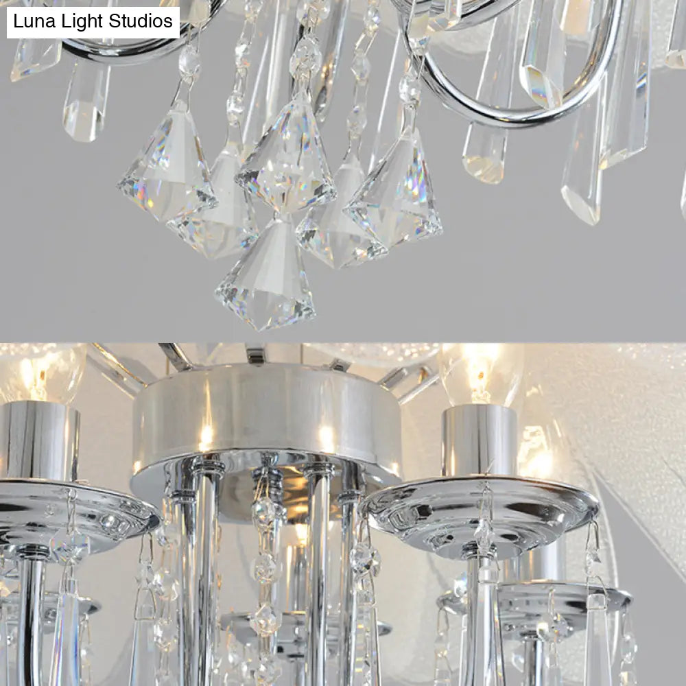 Contemporary Flower Chandelier - Textured Glass Shade 5-Light Chrome Ceiling Lamp With Crystal Drop