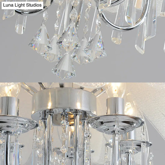 Contemporary Flower Chandelier - Textured Glass Shade 5-Light Chrome Ceiling Lamp With Crystal Drop