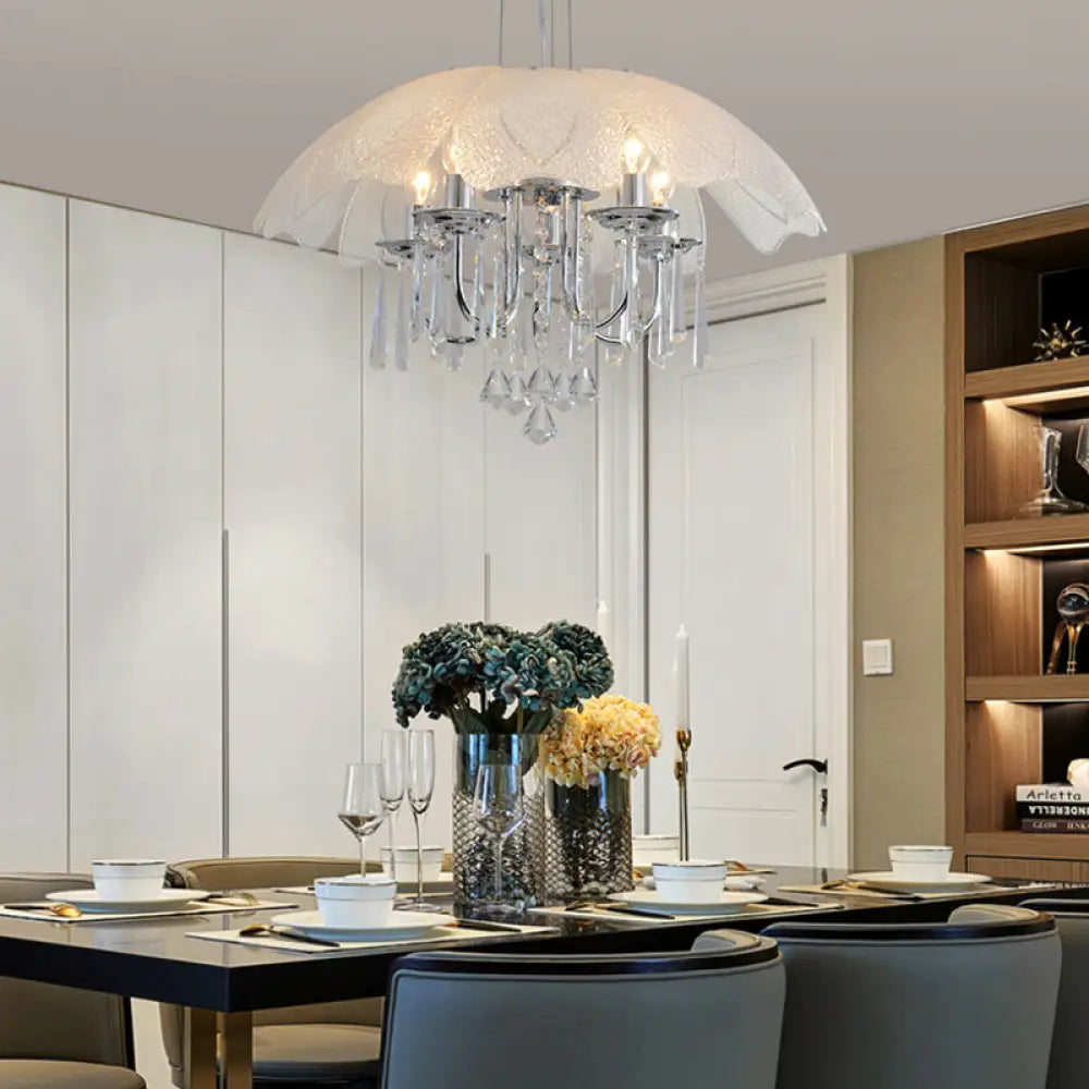 Contemporary Flower Chandelier - Textured Glass Shade 5-Light Chrome Ceiling Lamp With Crystal Drop