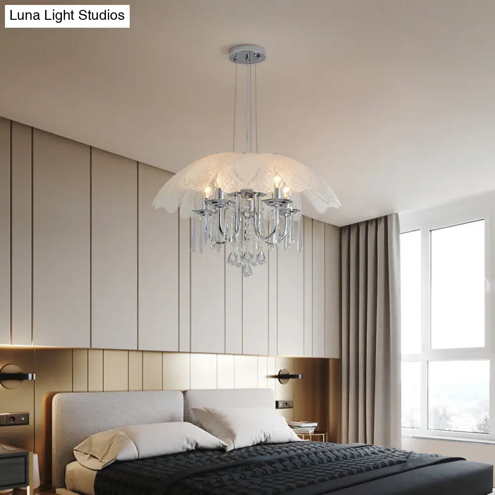 Contemporary Flower Chandelier - Textured Glass Shade 5-Light Chrome Ceiling Lamp With Crystal Drop