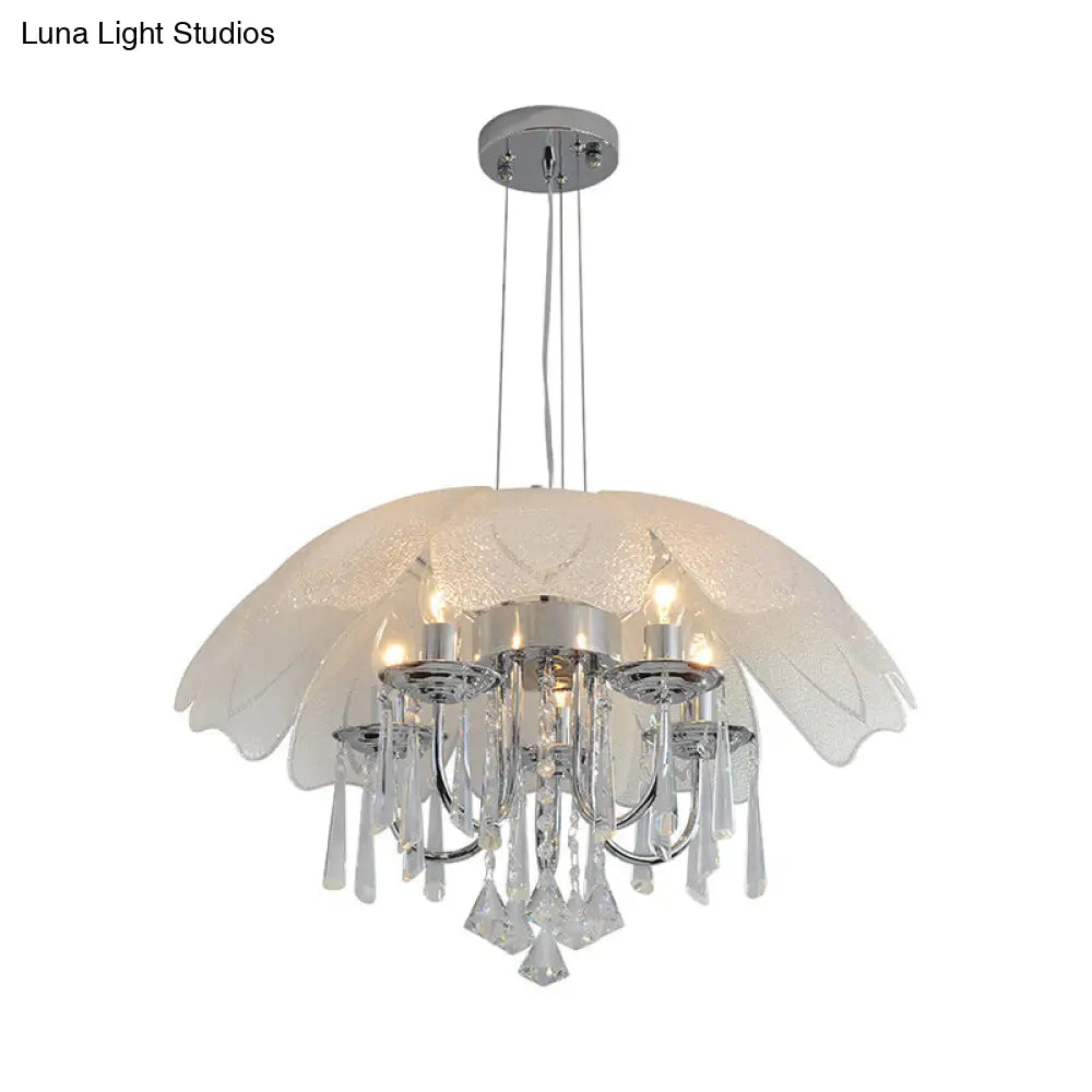 Contemporary Flower Chandelier With Textured Glass Shade And Crystal Drop - Chrome Ceiling Lamp (5