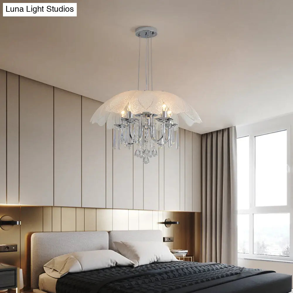 Contemporary Flower Chandelier With Textured Glass Shade And Crystal Drop - Chrome Ceiling Lamp (5