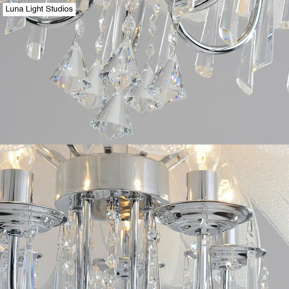 Contemporary Flower Chandelier With Textured Glass Shade And Crystal Drop - Chrome Ceiling Lamp (5