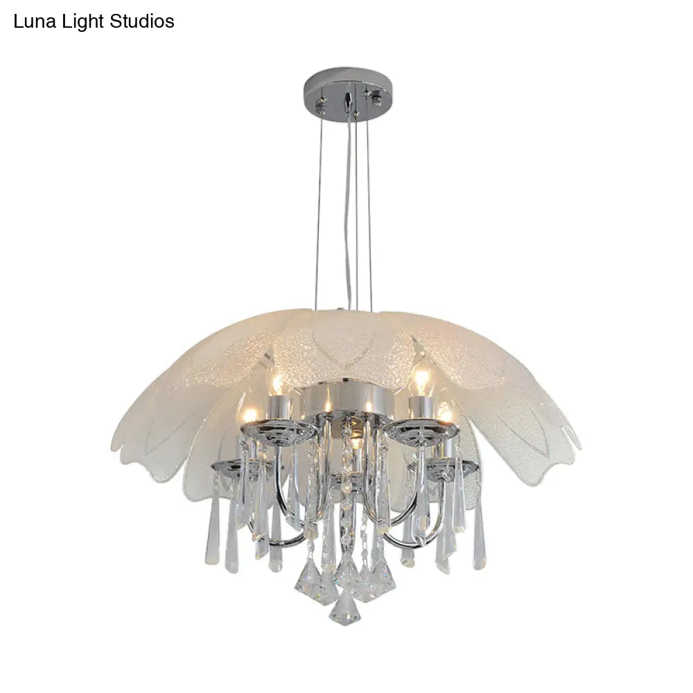 Contemporary Flower Chandelier - Textured Glass Shade 5-Light Chrome Ceiling Lamp With Crystal Drop