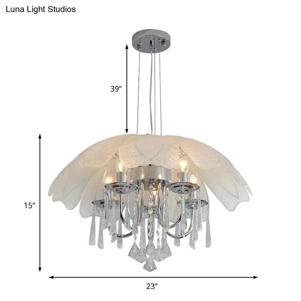 Contemporary Flower Chandelier - Textured Glass Shade 5-Light Chrome Ceiling Lamp With Crystal Drop