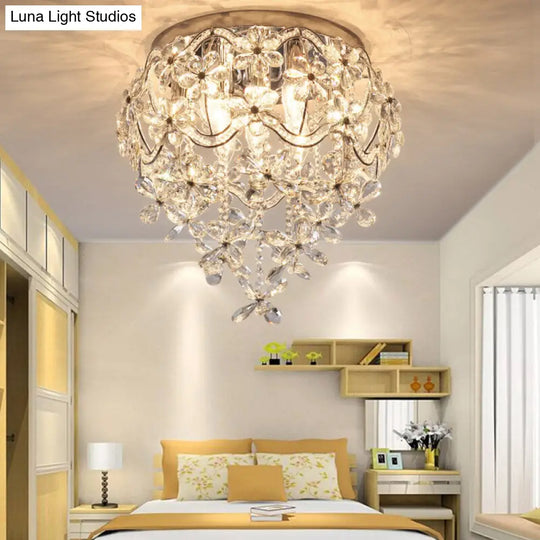 Contemporary Flower Flush Crystal Ceiling Lamp For Bedroom - 6 Heads