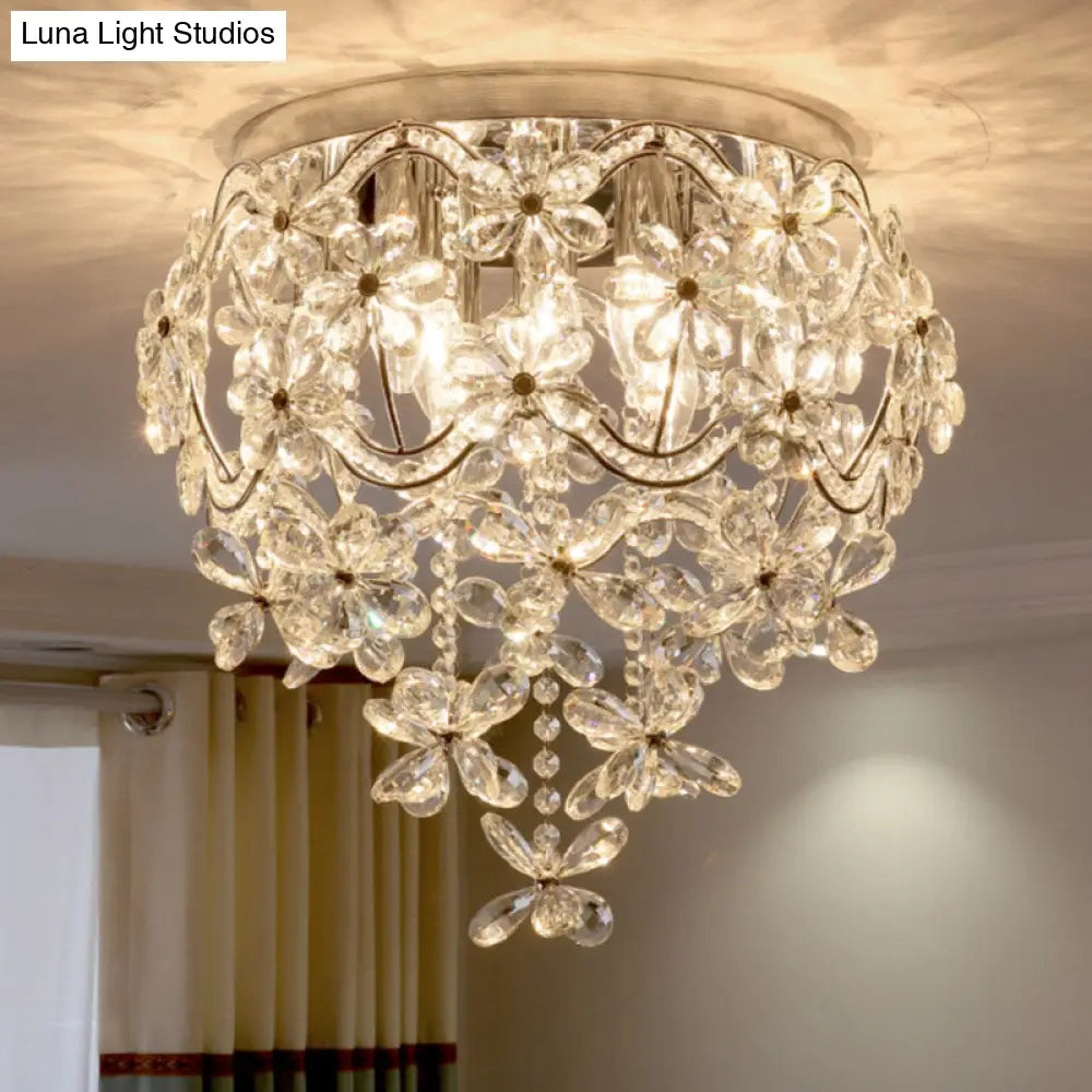 Contemporary Flower Flush Crystal Ceiling Lamp For Bedroom - 6 Heads