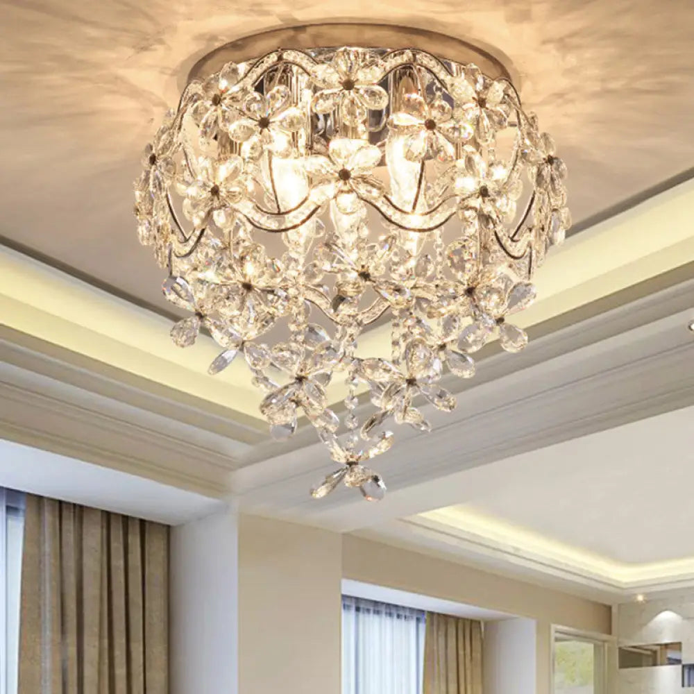 Contemporary Flower Flush Crystal Ceiling Lamp For Bedroom - 6 Heads Clear