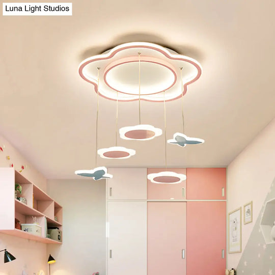 Contemporary Flower Shape Metallic Multi Ceiling Light: Pink Led 5-Light Pendulum Lamp For Girls