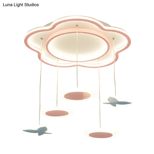 Contemporary Flower Shape Metallic Multi Ceiling Light: Pink Led 5-Light Pendulum Lamp For Girls