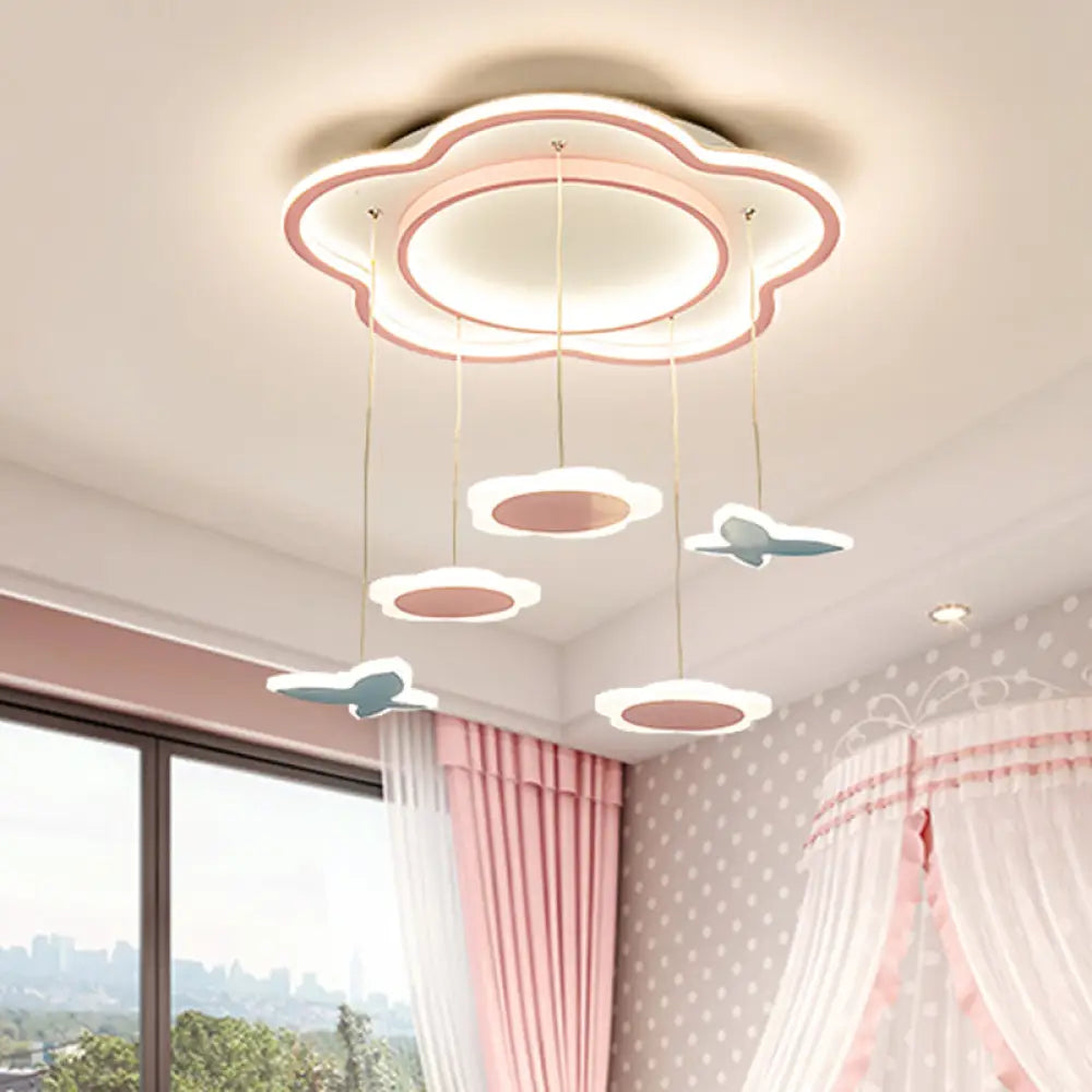 Contemporary Flower Shape Metallic Multi Ceiling Light: Pink Led 5-Light Pendulum Lamp For Girls