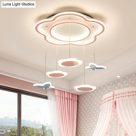 Contemporary Flower Shape Metallic Multi Ceiling Light: Pink Led 5-Light Pendulum Lamp For Girls