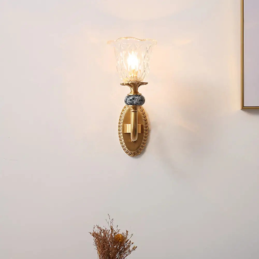 Contemporary Flower Wall Sconce - Clear Glass Lamp In Brass Finish 1 /