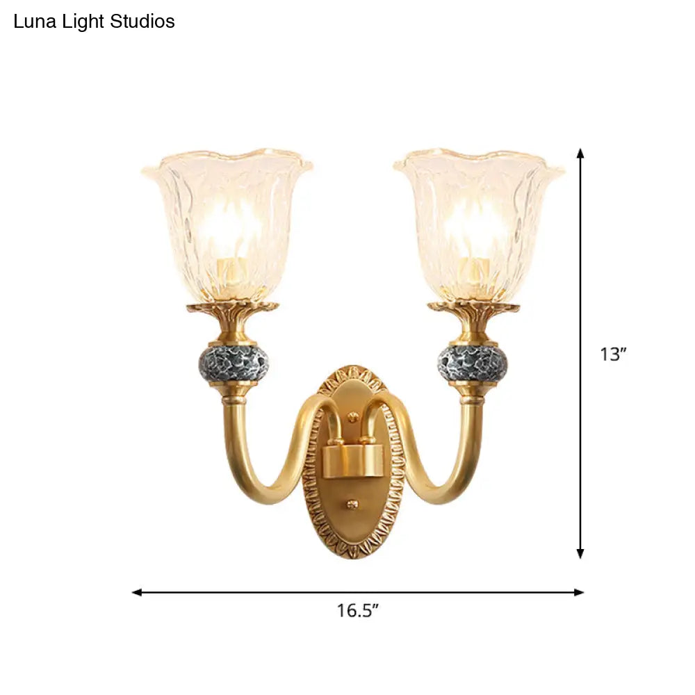 Contemporary Flower Wall Sconce - Clear Glass Lamp In Brass Finish