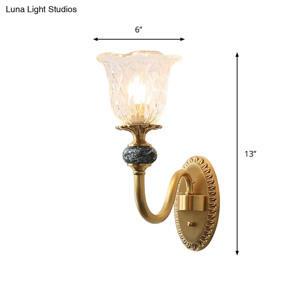 Contemporary Flower Wall Sconce - Clear Glass Lamp In Brass Finish