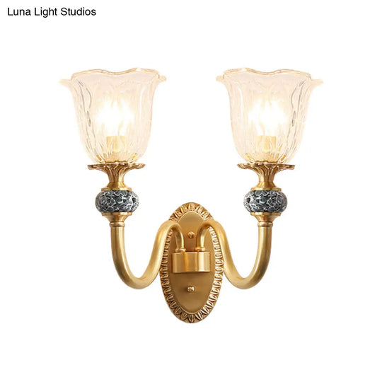 Contemporary Flower Wall Sconce - Clear Glass Lamp In Brass Finish