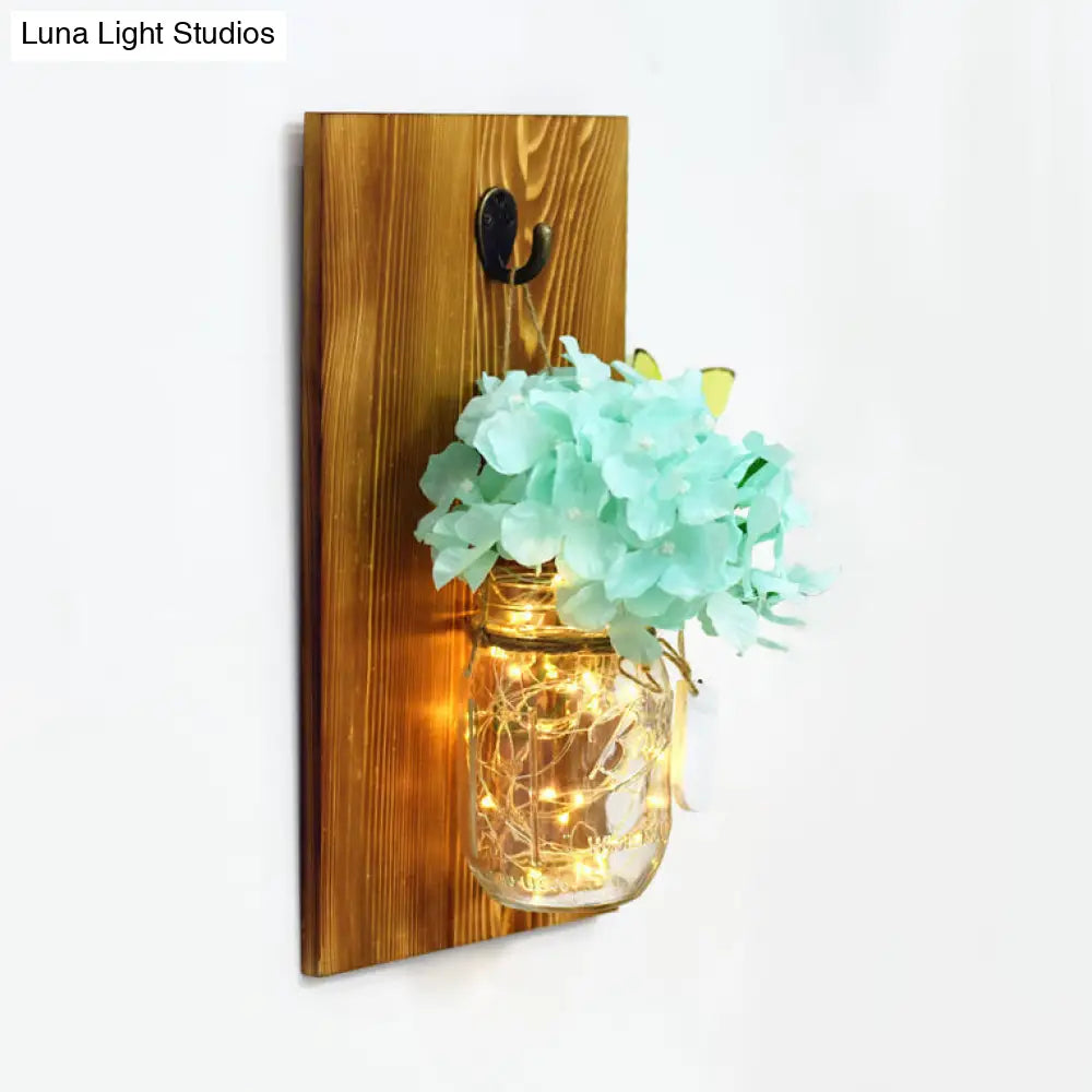 Contemporary Flower Wall Sconce With Glass Jar Shade And String Lights For Cafe Restaurant -