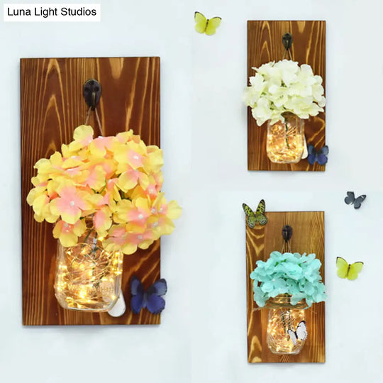 Contemporary Flower Wall Sconce With Glass Jar Shade And String Lights For Cafe Restaurant -